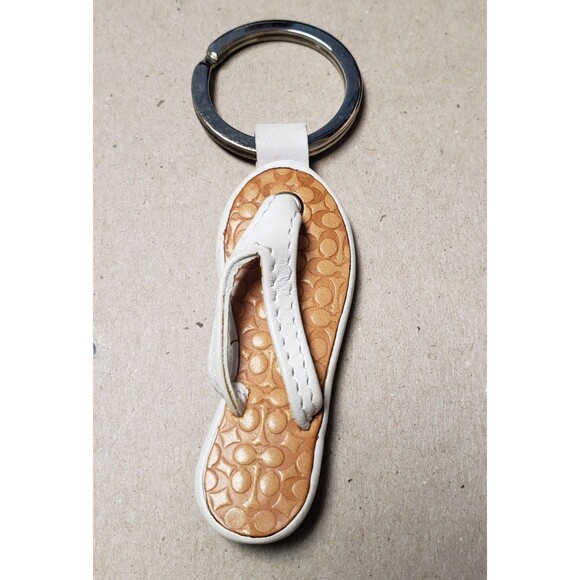 Vintage Coach White Brown Thong Flip Flop Keyfob Beach Sandal Keychain Charm - Picture 9 of 10